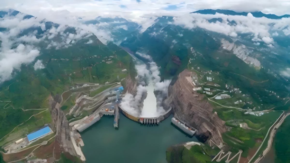 Aerial view of Baihetan Hydropower Station providing clean energy for aluminum smelting